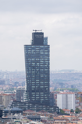 Aerial view of Trump Towers Istanbul are two conjoined towers in Sisli district. Istanbul, Turkey - May 27, 2023.