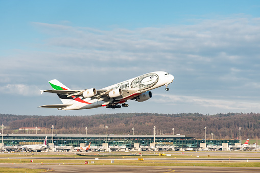 Zurich, Switzerland, January 20,2023 Emirates Airbus A380-861 aircraft is taking off from runway 16