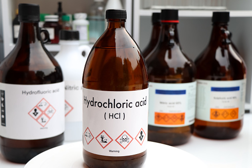 Hydrochloric acid, Hazardous chemicals and symbols on containers, chemical in industry or laboratory