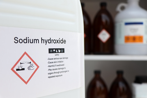 sodium hydroxide, Hazardous chemicals and symbols on containers, chemical in industry or laboratory