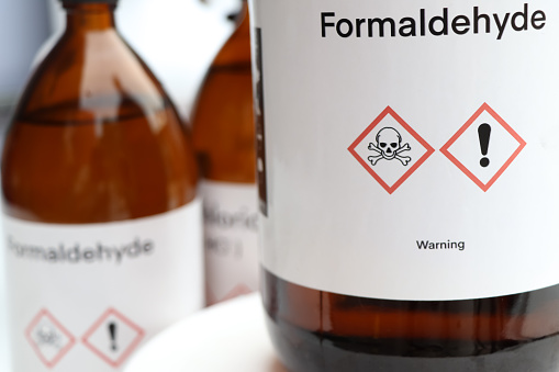 Formaldehyde, Hazardous chemicals and symbols on containers, chemical in industry or laboratory