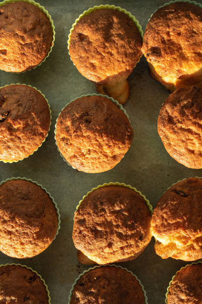 istock Homemade muffins on a tray in silicone molds. 1493955013