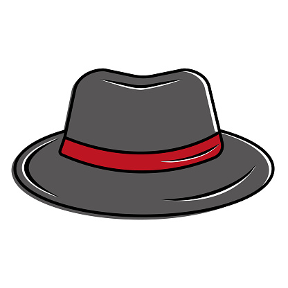 Men's hat. Headdress with a wide brim. Gangster wide-brimmed hat. Fashionable. Red silk ribbon. Vector illustration