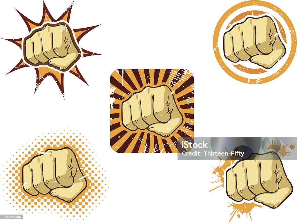 Fist of Fury One icon of a fist on five different backgrounds. Backgrounds, fist, and grunge texture are on separate layers for easy editing. Fist stock vector