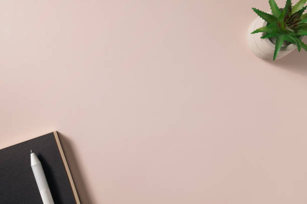 istock Workspace with pen notebook and cactus on beige background. 1493961050