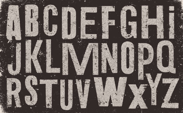 Distressed old alphabet - halftone dots - black background Distressed and old uppercase alphabet. White letters on black weathered texture background. Vector distressed capital letters alphabet with halftone textures. printout stock illustrations