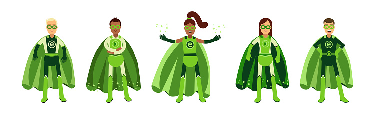 ECO Man and Woman Superhero Characters in Green Costume with Cape Vector Set. Male and Female Hero Protecting Environment and Nature