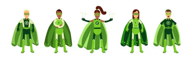 Vector illustration of ECO Man and Woman Superhero Characters in Green Costume with Cape Vector Set