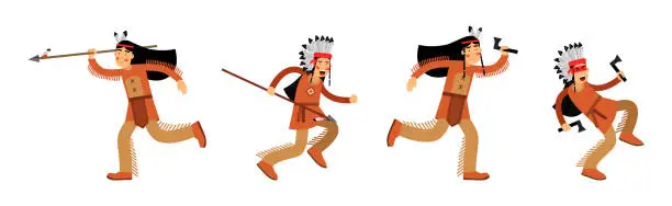 Vector illustration of Red Indian or American Man in National Clothing Vector Illustration Set