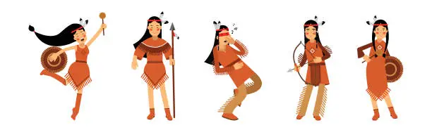 Vector illustration of Red Indian or American Man and Woman in National Clothing Vector Illustration Set