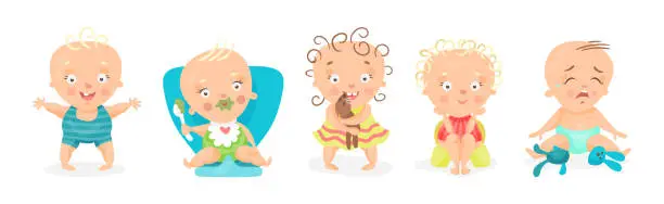 Vector illustration of Cute Little Baby or Toddlers Doing Different Activities Vector Set
