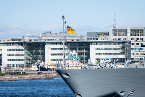 Gothenburg, Sweden - March 05 2023: Naval ensign flag of Nerman navy frigate F222 Baden-Württemberg.