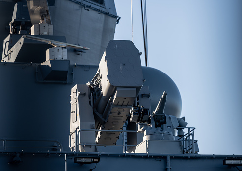 Gothenburg, Sweden - March 05 2023: RAM Block II surface-to-air missile launcher and 12.7 mm Hitrole-NT remote-controlled machine gun turret on German Navy frigate F222 Baden-Württemberg.