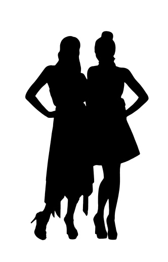 clipping path for black silhouettes of two women isolated on white background