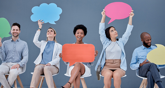 Social media, chat and business people with a speech bubble for communication and opinion. Mockup, blank and portrait of employees showing a board for feedback, review and connection at work