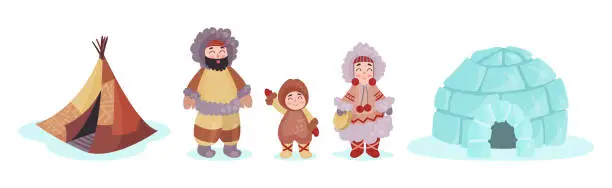 Vector illustration of Alaska with Happy Inuit or Eskimo Character and Igloo Vector Set