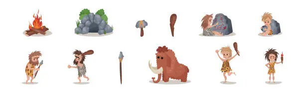 Vector illustration of Stone Age with Caveman, Bonfire and Mammoth Vector Set