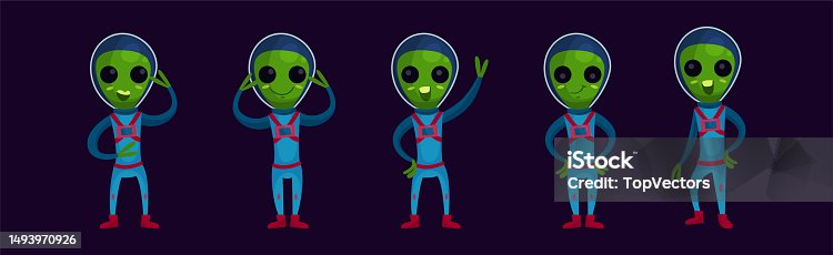 istock Cute Green Aliens In Space Suits with Friendly Smiling Faces Vector Set 1493970926