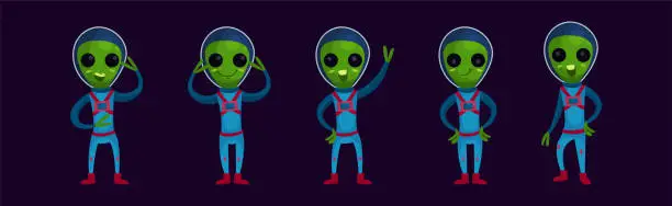 Vector illustration of Cute Green Aliens In Space Suits with Friendly Smiling Faces Vector Set
