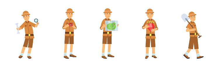 Man Archaeologist with Map and Shovel Searching for Material Remains Vector Set. Male Engaged in Historical Fossil Excavation and Research Concept