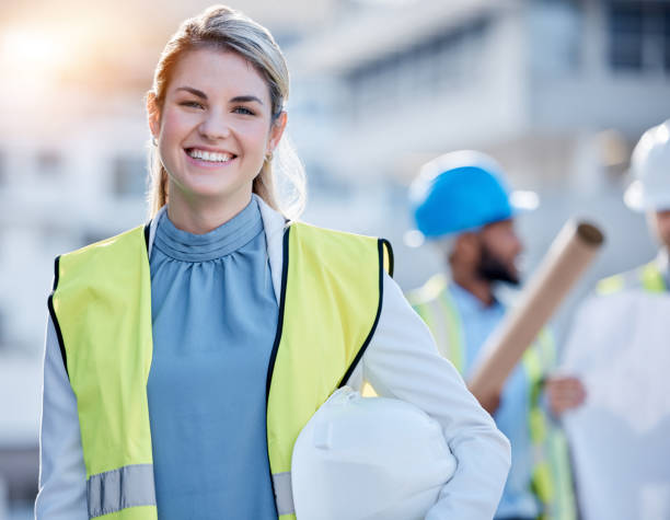 Construction worker, happy woman portrait or engineering contractor for career mindset, industry and building development. Young face of industrial person, builder or project manager in architecture Construction worker, happy woman portrait or engineering contractor for career mindset, industry and building development. Young face of industrial person, builder or project manager in architecture civil engineer stock pictures, royalty-free photos & images