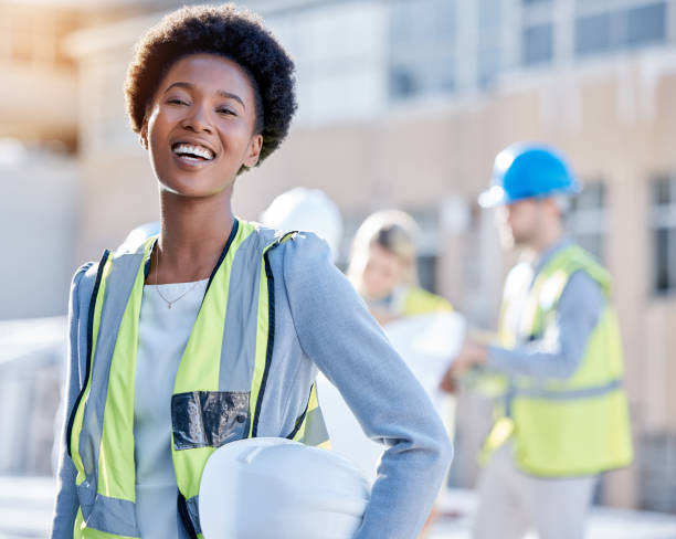 istock Construction worker, black woman portrait or engineering contractor for career mindset, industry and building development. Happy face of industrial african, builder or young person in architecture 1493971133