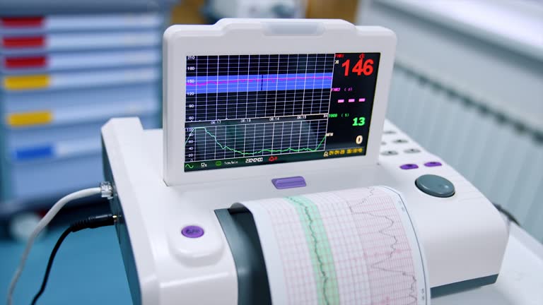 Monitor of the cardiograph working. Device for heart examination and diagnostics. Top view close up.