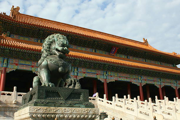 Lion Statue in forbidden city stock photo