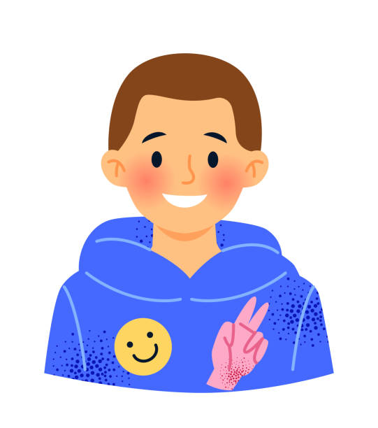 Boy character portrait Boy character portrait. Young kid avatar. Sticker with child in blue hoodie or sweatshirt. Happy schoolboy teenager with short haircut. Cartoon flat vector illustration isolated on white background ruddy turnstone stock illustrations