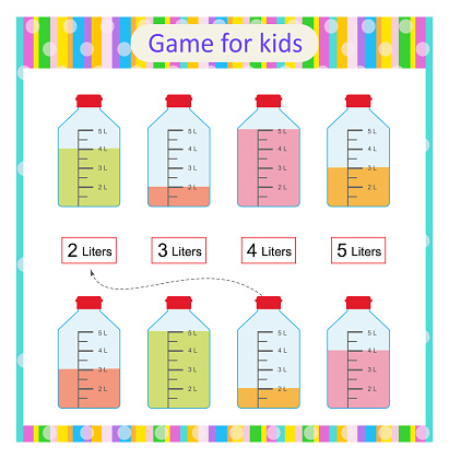 Game for children. Measuring capacity of the bottles. Worksheet for kids. Vector illustration.