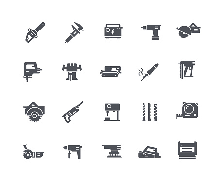 Electric woodworking icons black set. Manual and automatic saws, carpenters inventory. Factory and production, wooden industry. Cartoon flat vector illustrations isolated on white background