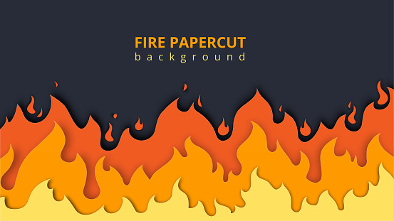 Papercut fire background. Danger and explosions, destruction. Fire and flame. Template, layout and mock up. Red, orange and yellow colors. Cartoon flat vector illustration
