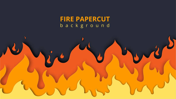 Papercut fire background Papercut fire background. Danger and explosions, destruction. Fire and flame. Template, layout and mock up. Red, orange and yellow colors. Cartoon flat vector illustration Flame stock illustrations