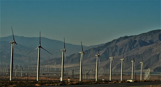 The 'wind tunnel' of North Palm Springs area hosts a great number of wind turbines. Palm Springs, CA, USA - May 27, 2023.