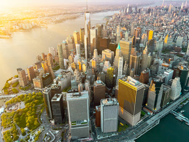 istock Manhattan Skyline aerial view evening sunset time 1493983102