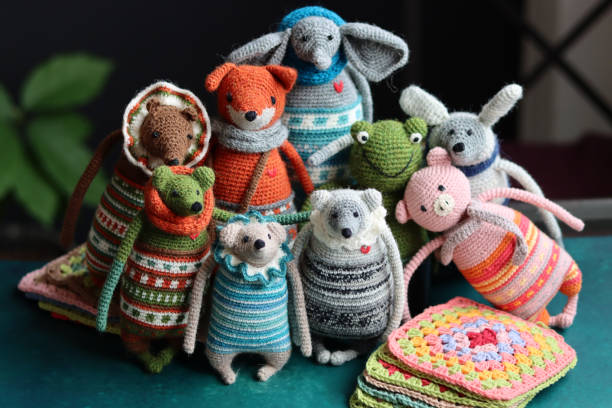 istock Crochet toys on dark background 1493983251