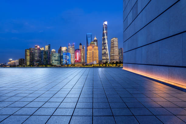 istock Empty floor and city skyline at night in Shanghai 1493988069