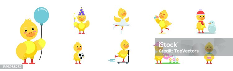 istock Cute Little Duckling with Yellow Feathers Engaged in Different Activity Vector Set 1493988252