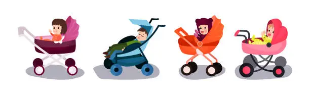 Vector illustration of Cute Baby Boy and Girl in Carriage or Stroller Vector Set