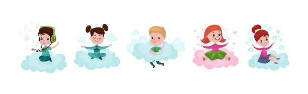 Vector illustration of Smiling Kids Sitting on Soft Cloud and Doing Different Things Vector Illustration Set