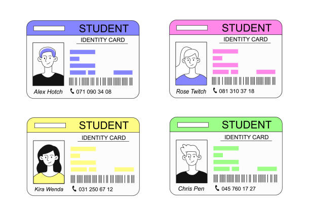 ilustrações, clipart, desenhos animados e ícones de conjunto de cartões de identificação estudantil - university ticket office accessibility