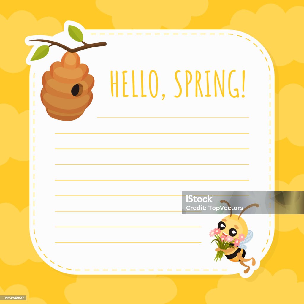 Hello Spring Empty Sheet With Cute Honey Bee Insect And Hive Vector ...