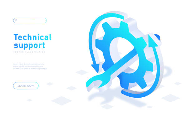 Technical support white banner Technical support white banner. Gear, coghweel with wrench. Correction of errors in program, answers to questions from users and customers, consultation. Cartoon isometric vector illustration gears icon white stock illustrations