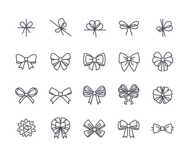 Simple set of bows Simple set of bows. Black and white knots and ribbons. Decoration elements for holidays. Thin stickers for apps, web and social networks. Linear flat vector collection isolated on white background bow stock illustrations