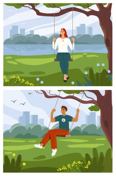 Vector illustration of Man and woman on swing