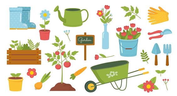 Set of gardening. Collection of farm equipment for carrying and planting plants. Blooming flowers, cart and gloves with secateurs. Cartoon flat vector illustrations isolated on white background