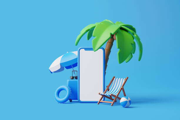 istock Cartoon tropical palm tree with chairs and beach accessories on a blue background 1493993682