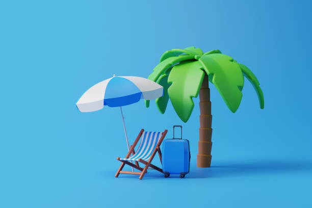 istock Cartoon tropical palm tree with chair and beach accessories on a blue background 1493993684