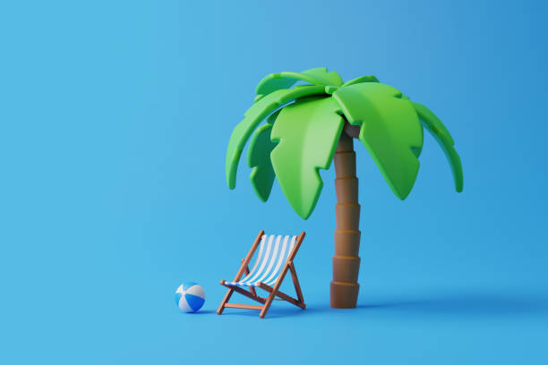 istock Cartoon tropical palm tree with chair and beach accessories on a blue background 1493993686