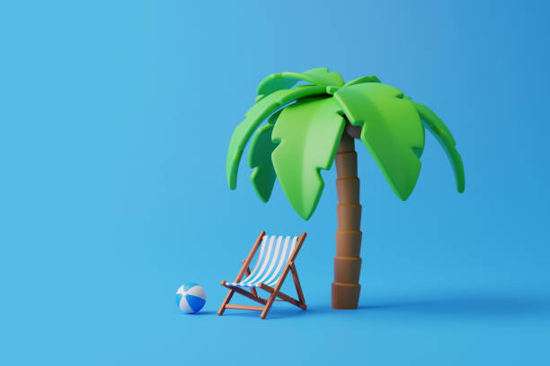 Cartoon tropical palm tree with chair and beach accessories on a blue background Cartoon tropical palm tree with chair and beach accessories on a blue background. Summer concept. 3d rendering illustration palm tree cartoon stock pictures, royalty-free photos & images